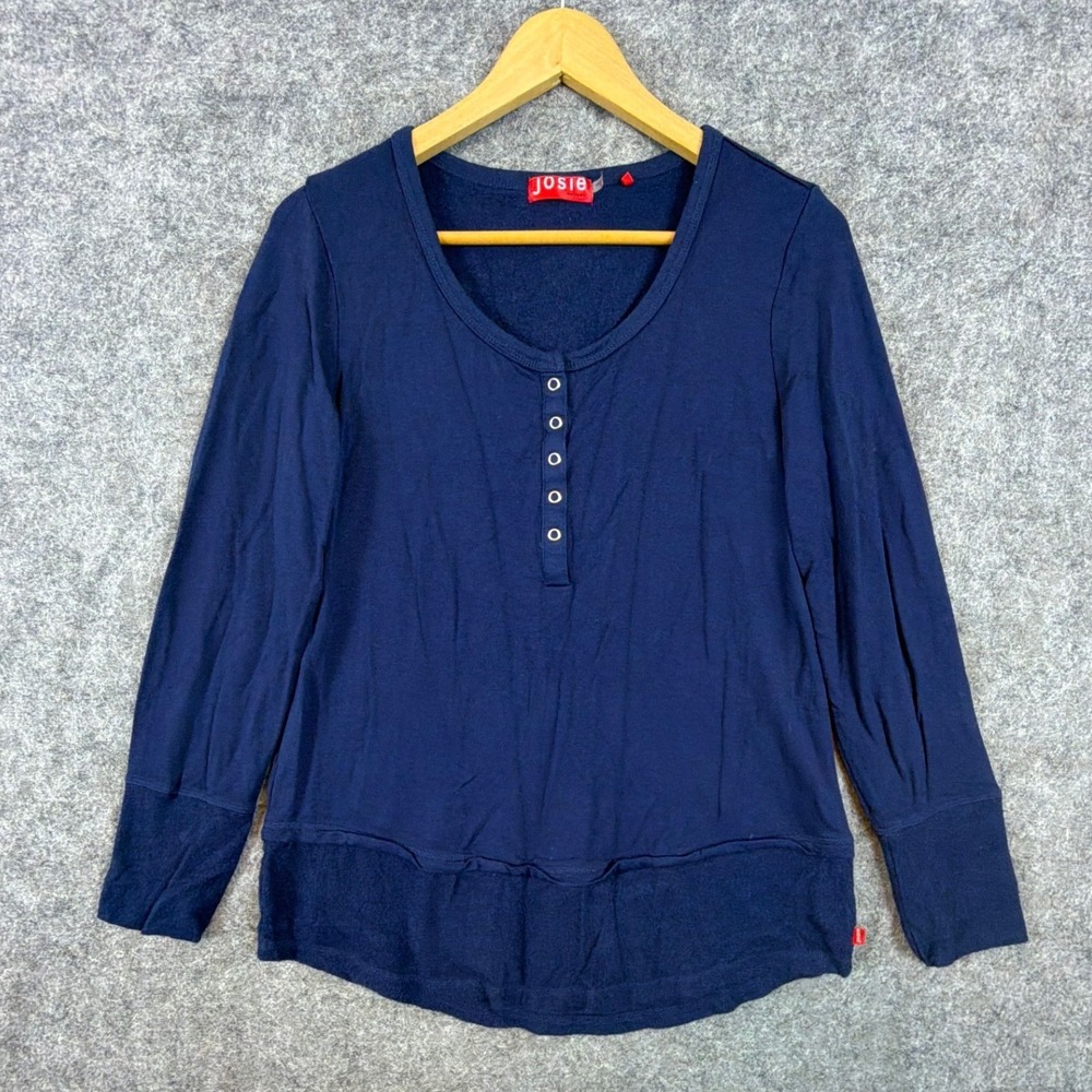 Josie Natori Henley Top Womens Medium Blue Long Sleeve Base Neutral Layered Hem